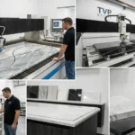 เครื่องจักร Waterjet กำลังตัดแผ่นหินควอทซ์ไซต์ตามแบบดีไซน์อย่างแม่นยำในโรงงาน