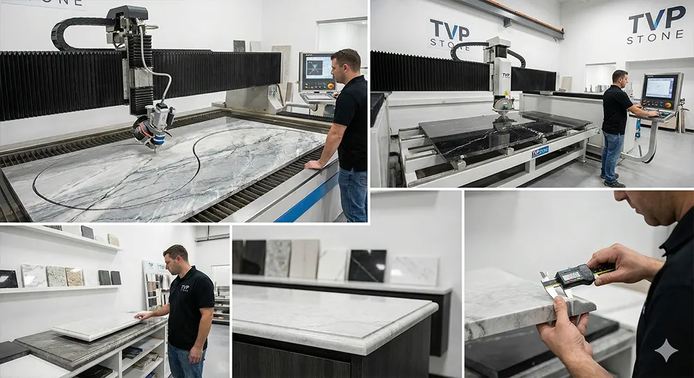 เครื่องจักร Waterjet กำลังตัดแผ่นหินควอทซ์ไซต์ตามแบบดีไซน์อย่างแม่นยำในโรงงาน