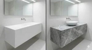 ห้องครัวสไตล์โมเดิร์นใช้ หินสังเคราะห์ (Artificial Stone) สีขาวคริสตัลไวท์ ทำท็อปเคาน์เตอร์ ให้ผิวสัมผัสเรียบเนียน ไร้รูพรุน