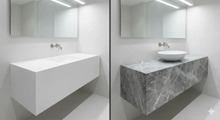 ห้องครัวสไตล์โมเดิร์นใช้ หินสังเคราะห์ (Artificial Stone) สีขาวคริสตัลไวท์ ทำท็อปเคาน์เตอร์ ให้ผิวสัมผัสเรียบเนียน ไร้รูพรุน