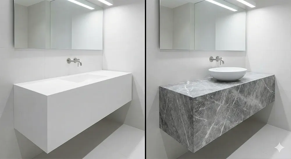 ห้องครัวสไตล์โมเดิร์นใช้ หินสังเคราะห์ (Artificial Stone) สีขาวคริสตัลไวท์ ทำท็อปเคาน์เตอร์ ให้ผิวสัมผัสเรียบเนียน ไร้รูพรุน